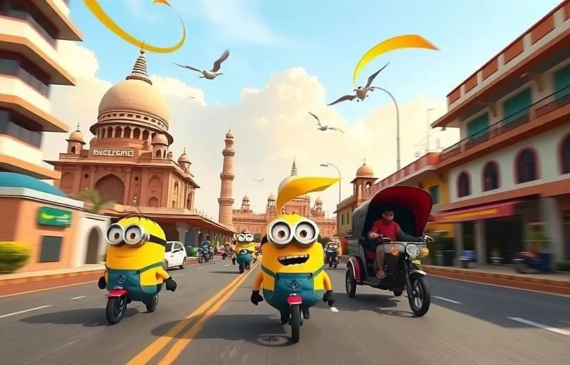 Minion Rush Indian City location showing Minions running past Indian landmarks and rickshaws